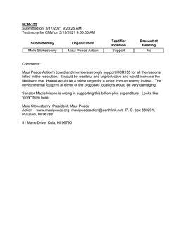 HCR-155 Submitted On: 3/17/2021 9:23:25 AM Testimony for CMV on 3/19/2021 9:00:00 AM