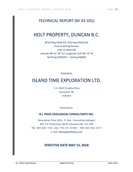 Holt Property, Duncan B.C. Island Time Exploration Ltd