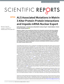 ALS Associated Mutations in Matrin 3 Alter Protein-Protein Interactions