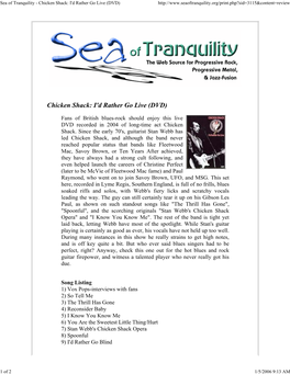 Sea of Tranquility - Chicken Shack: I'd Rather Go Live (DVD)