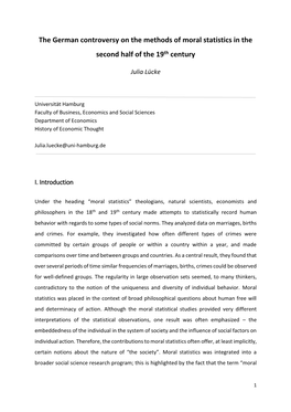 The German Controversy on the Methods of Moral Statistics in the Second Half of the 19Th Century