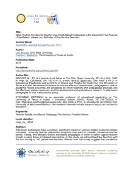 What Predicts Pre-Service Teacher Use of Arts-Based Pedagogies in the Classroom? an Analysis of the Beliefs, Values, and Attitudes of Pre-Service Teachers