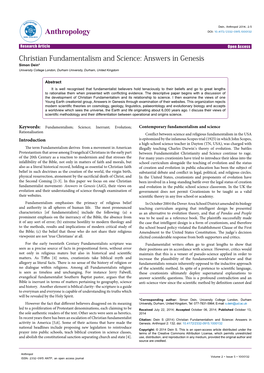 Christian Fundamentalism and Science: Answers in Genesis Simon Dein* University College London, Durham University, Durham, United Kingdom