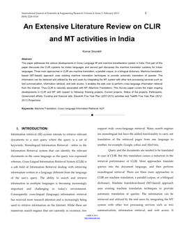 An Extensive Literature Review on CLIR and MT Activities in India