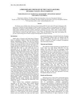 A Preliminary Checklist of the Vascular Flora of Kabal Valley, Swat, Pakistan