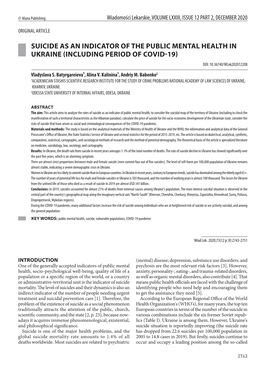 SUICIDE AS an INDICATOR of the PUBLIC MENTAL HEALTH in UKRAINE (INCLUDING PERIOD of COVID-19) DOI: 10.36740/Wlek202012208