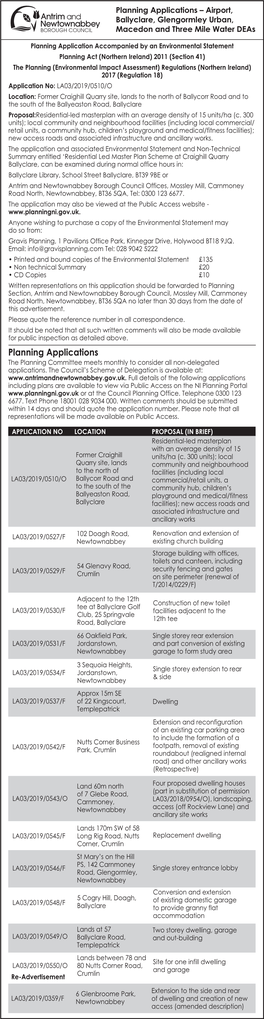 Planning Applications – Airport, Ballyclare, Glengormley Urban, Macedon and Three Mile Water Deas