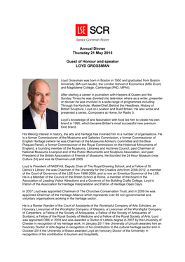 Annual Dinner Thursday 21 May 2015 Guest of Honour and Speaker LOYD GROSSMAN