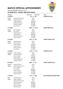 Match Official Appointments Matador Bbqs One-Day Cup October 2015 | Sydney, New South Wales