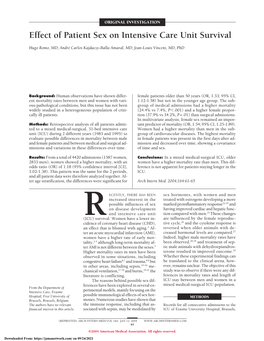 Effect of Patient Sex on Intensive Care Unit Survival