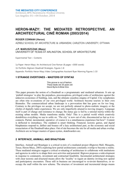 Heron-Mazy: the Mediated Retrospective. an Architectural Ciné Roman (2003/2014)