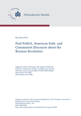 Paul Frölich, American Exile, and Communist Discourse About the Russian Revolution