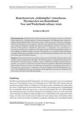 „Schleimpilze“ (Amoebozoa, Myxomycetes) Aus Deutschland: Neu- Und Wiederfunde Seltener Arten