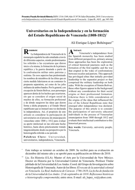 Universitarios En La Independencia Y En La Formación Del Estado Republicano De Venezuela