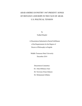 Arab American Poetry 1967-Present: Songs of Defiance and Hope in the Face of Arab- U.S