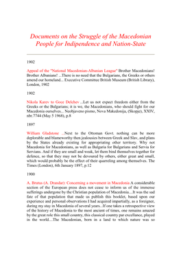 Documents on the Struggle of the Macedonian People for Indipendence and Nation-State