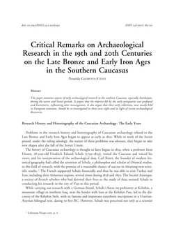 Critical Remarks on Archaeological Research in the 19Th and 20Th Centuries on the Late Bronze and Early Iron Ages in the Southern Caucasus Nourida Gadirova-Ateshi