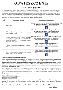 OBWIESZCZENIE Wójta Gminy Rościszewo Z Dnia 8 Czerwca 2020 Roku Na Podstawie Art