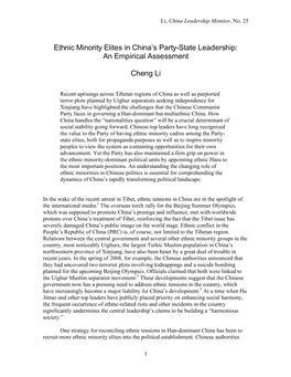 Ethnic Minority Elites in China's Party-State Leadership: An