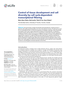 Control of Tissue Development and Cell Diversity by Cell Cycle-Dependent Transcriptional Filtering Maria Abou Chakra, Ruth Isserlin, Thinh N Tran, Gary D Bader*