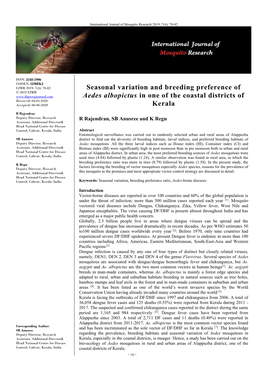 Seasonal Variation and Breeding Preference of Aedes Albopictus in One of the Coastal Districts of Kerala