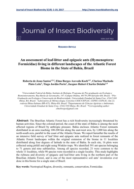 Hymenoptera: Formicidae) Living in Different Landscapes of the Atlantic Forest Biome in the State of Bahia, Brazil