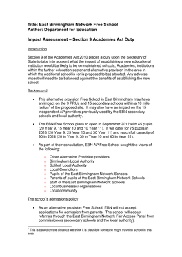 East Birmingham Network Free School Author: Department for Education Impact Assessment