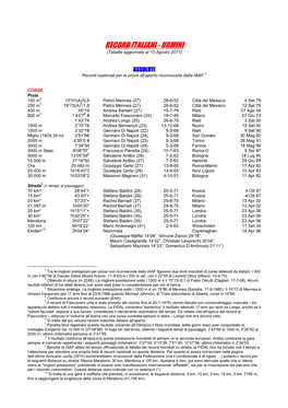 RECORD ITALIANI - UOMINI (Tabelle Aggiornate Al 10 Agosto 2011)