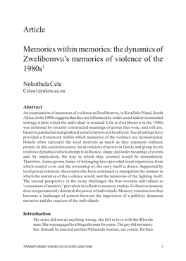 The Dynamics of Zwelibomvu's Memories of Violence of the 1980S1