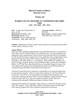 HARRIS COUNTY HISTORICAL COMMISSION RECORDS CR56 (1842 – 2017, Bulk: 1960 - 2015)
