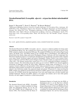 Streaked Horned Lark Eremophila Alpestris Strigata Has Distinct Mitochondrial DNA