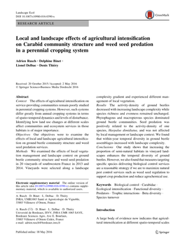 Local and Landscape Effects of Agricultural Intensification On