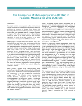 The Emergence of Chikungunya Virus (CHIKV) in Pakistan: Mapping the 2016 Outbreak