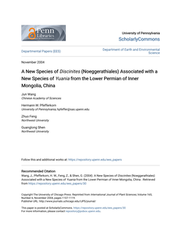 A New Species of Discinites (Noeggerathiales) Associated with a New Species of Yuania from the Lower Permian of Inner Mongolia, China