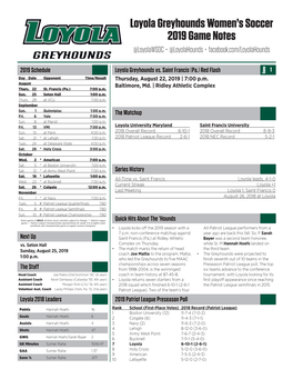 Loyola Greyhounds Women's Soccer 2019 Game Notes