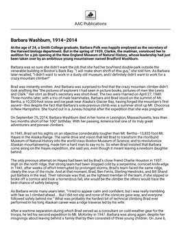 Barbara Washburn, 1914–2014 at the Age of 24, a Smith College Graduate, Barbara Polk Was Happily Employed As the Secretary of the Harvard Biology Department