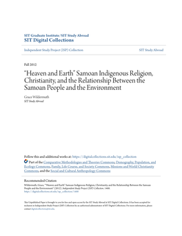 Samoan Indigenous Religion, Christianity, and the Relationship Between the Samoan People and the Environment Grace Wildermuth SIT Study Abroad