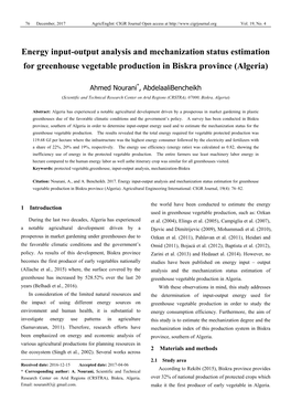 Energy Input-Output Analysis and Mechanization Status Estimation for Greenhouse Vegetable Production in Biskra Province (Algeria)