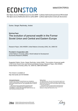 WIDER Research Paper 2006-120 the Evolution of Personal Wealth In