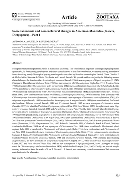 Some Taxonomic and Nomenclatural Changes in American Mantodea (Insecta, Dictyoptera)—Part I