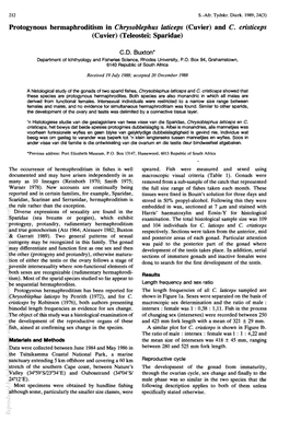 Protogynons Hermaphroditism in Chrysoblephus Laticeps (Cnvier) and C