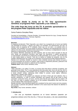 La Crítica Desde La Ironía En La TV. Una Aproximación Semiótica Al Programa Peter Capusotto Y Sus Videos (*) the Critic from the Irony on the TV