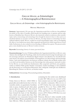 GREGOR MENDEL As Entomologist – a Historiographical Reminiscence 121