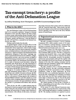 Tax-Exempt Treachery: a Profile of the Anti-Defamation League