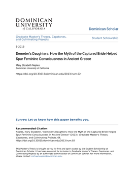 Demeter's Daughters: How the Myth of the Captured Bride Helped Spur Feminine Consciousness in Ancient Greece