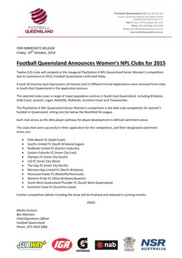 Football Queensland Announces Women's NPL Clubs for 2015