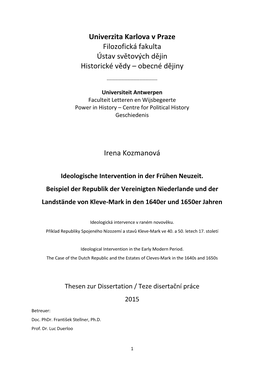 Univerzita Karlova V Praze Filozofická Fakulta Ústav Světových Dějin Historické Vědy – Obecné Dějiny