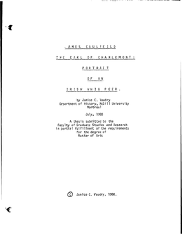 AMES CAULFEILD EARL of CHARLEMONT PORTRAIT IRISH WHIG PEER by Janice C. Vaudry Dcpartment of History, Mcgi 11 University Montre