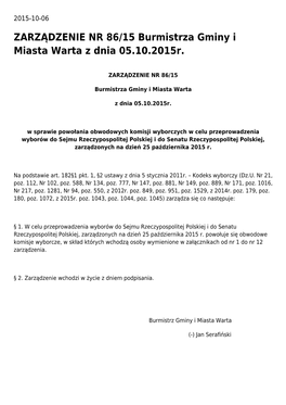 ZARZĄDZENIE NR 86/15 Burmistrza Gminy I Miasta Warta Z Dnia 05.10.2015R