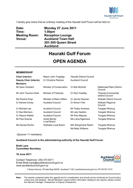 Hauraki Gulf Forum OPEN AGENDA